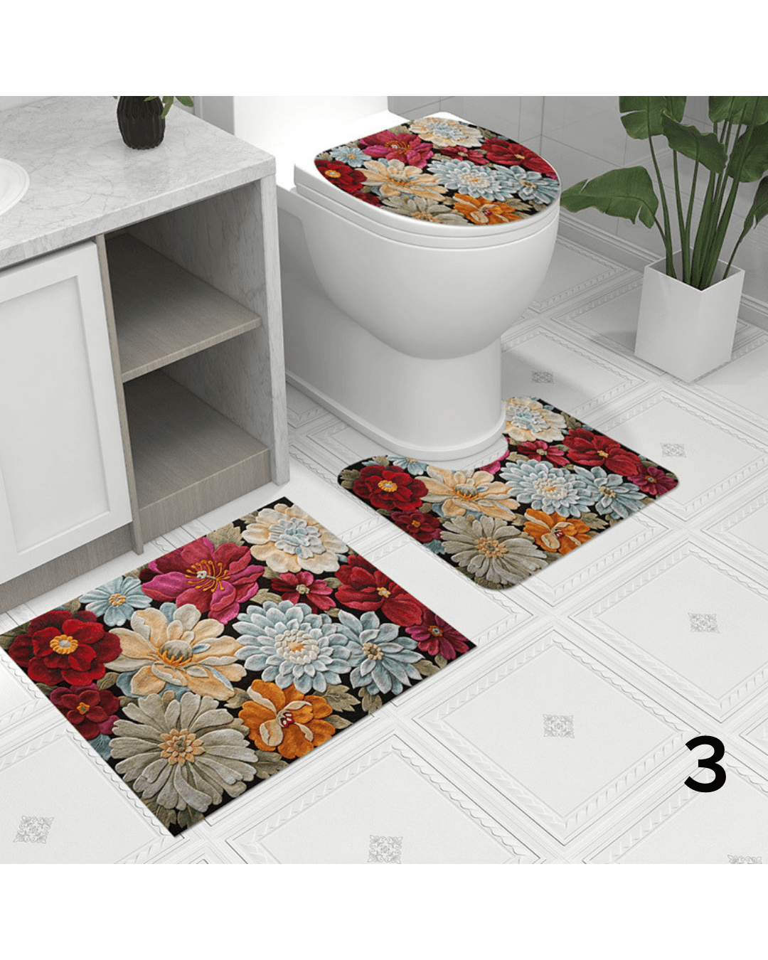 トイレマット 華やかな薔薇柄トイレマット三点セット